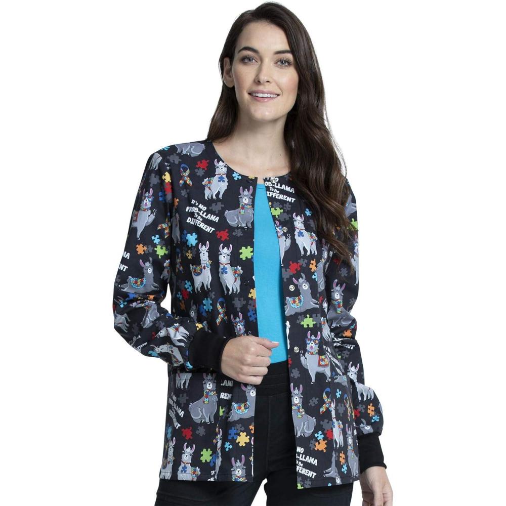 imageCherokee Prints Women Warm Up Scrubs Jacket Snap Front CK301Llama Love