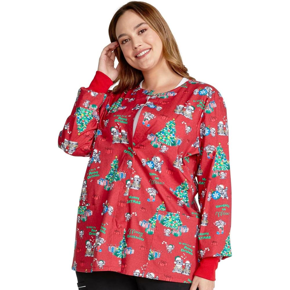 imageCherokee Prints Women Warm Up Scrubs Jacket Snap Front CK301Meowy Christmouse