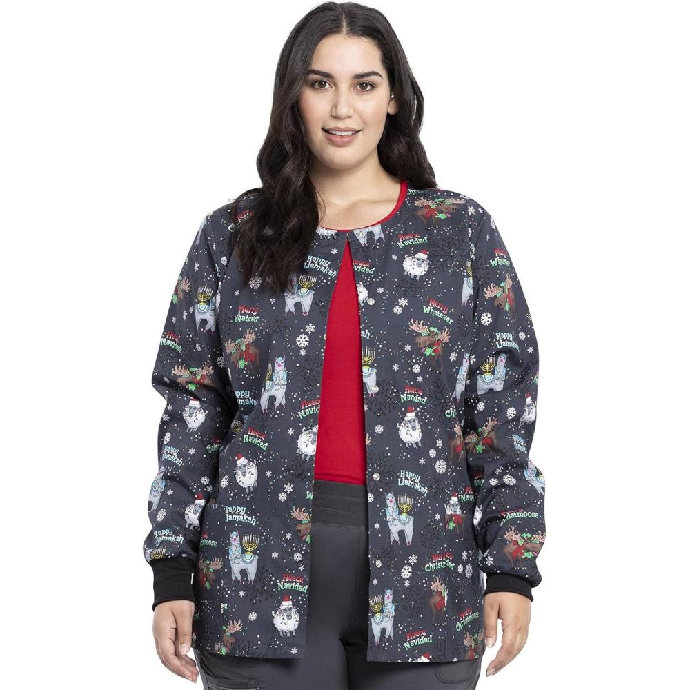 imageCherokee Prints Women Warm Up Scrubs Jacket Snap Front CK301Merry Whatever