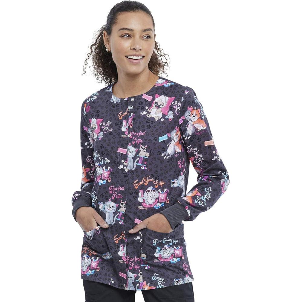 imageCherokee Prints Women Warm Up Scrubs Jacket Snap Front CK301Selfie Care
