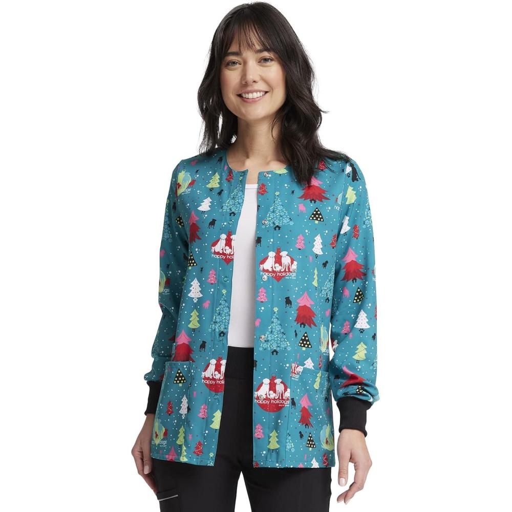 imageCherokee Scrub Jackets For Woman Printed Snap Front Modern Classic Fit 2 Pockets RibKnit Cuffs CK321Happy Holidogs