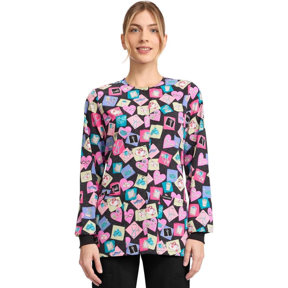imageCherokee Scrub Jackets For Woman Printed Snap Front Modern Classic Fit 2 Pockets RibKnit Cuffs CK321Healthabet