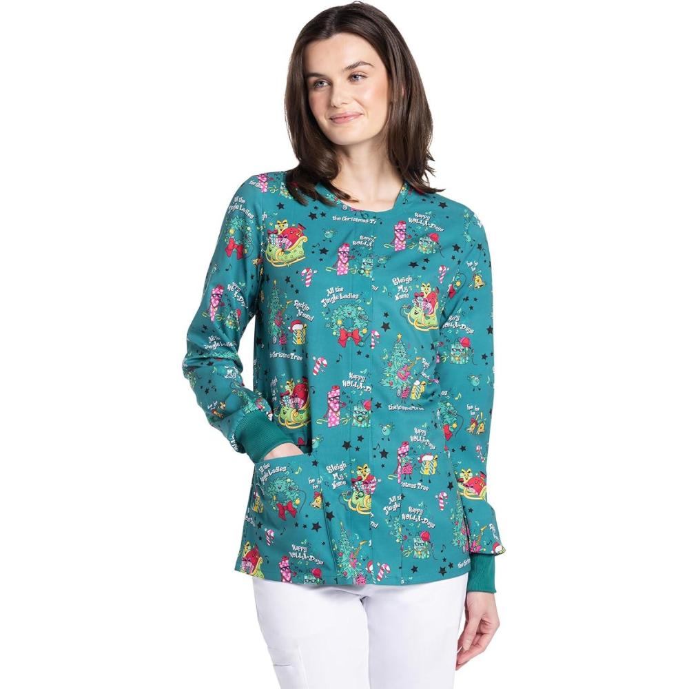 imageCherokee Scrub Jackets For Woman Printed Snap Front Modern Classic Fit 2 Pockets RibKnit Cuffs CK321Sleigh My Name