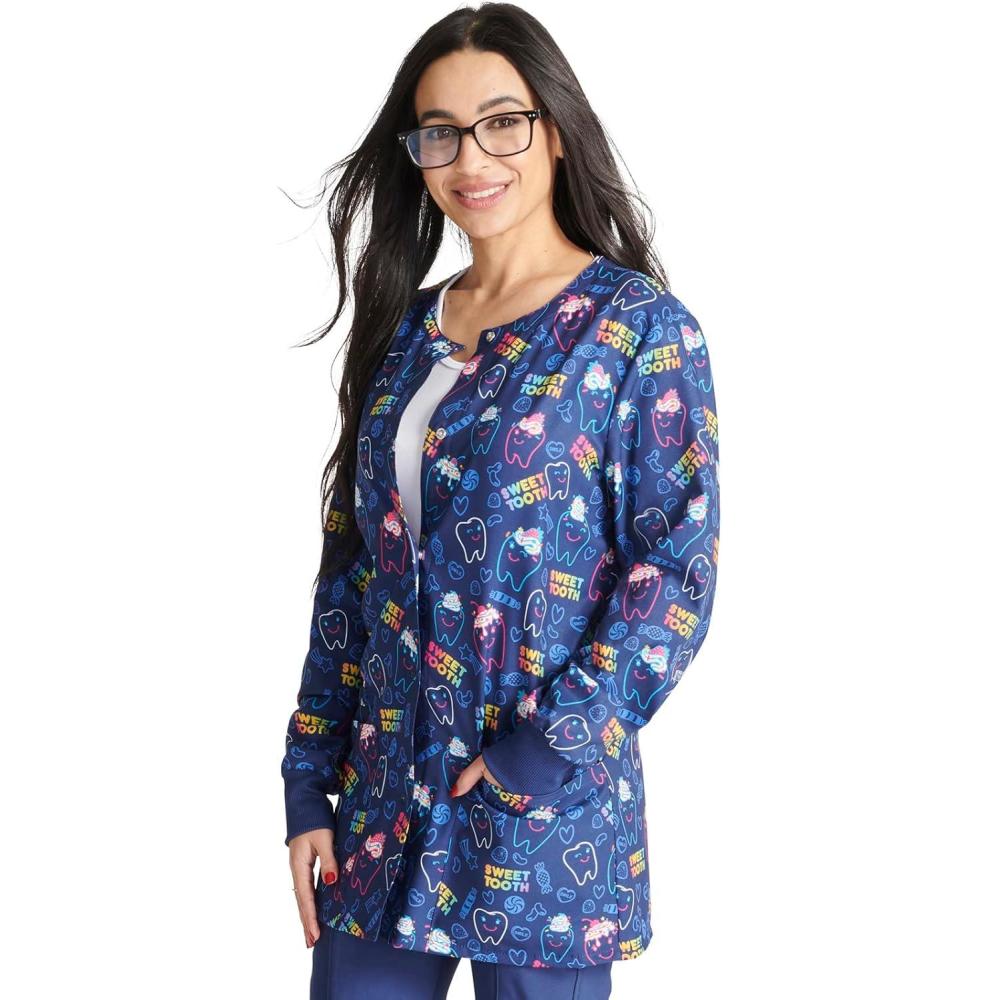 imageCherokee Scrub Jackets For Woman Printed Snap Front Modern Classic Fit 2 Pockets RibKnit Cuffs CK321Sweet Tooth