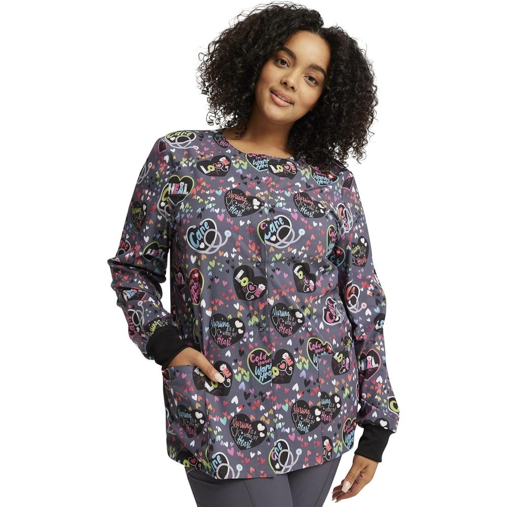 imageCherokee Scrub Jackets For Woman Printed Snap Front Modern Classic Fit 2 Pockets RibKnit Cuffs CK321Work of Heart