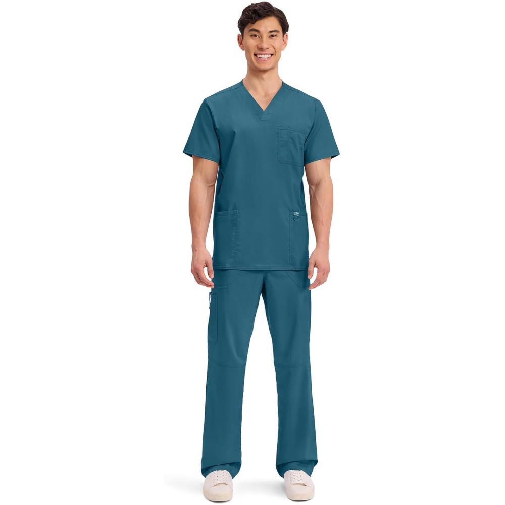 imageCherokee Scrub Set For Men VNeck 3 Pocket Top WW670 with Modern Fit 7 Pocket Tapered Leg Pant WW140Caribbean Blue