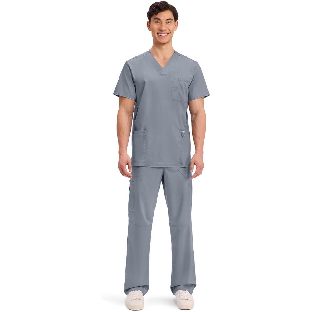 imageCherokee Scrub Set For Men VNeck 3 Pocket Top WW670 with Modern Fit 7 Pocket Tapered Leg Pant WW140Grey