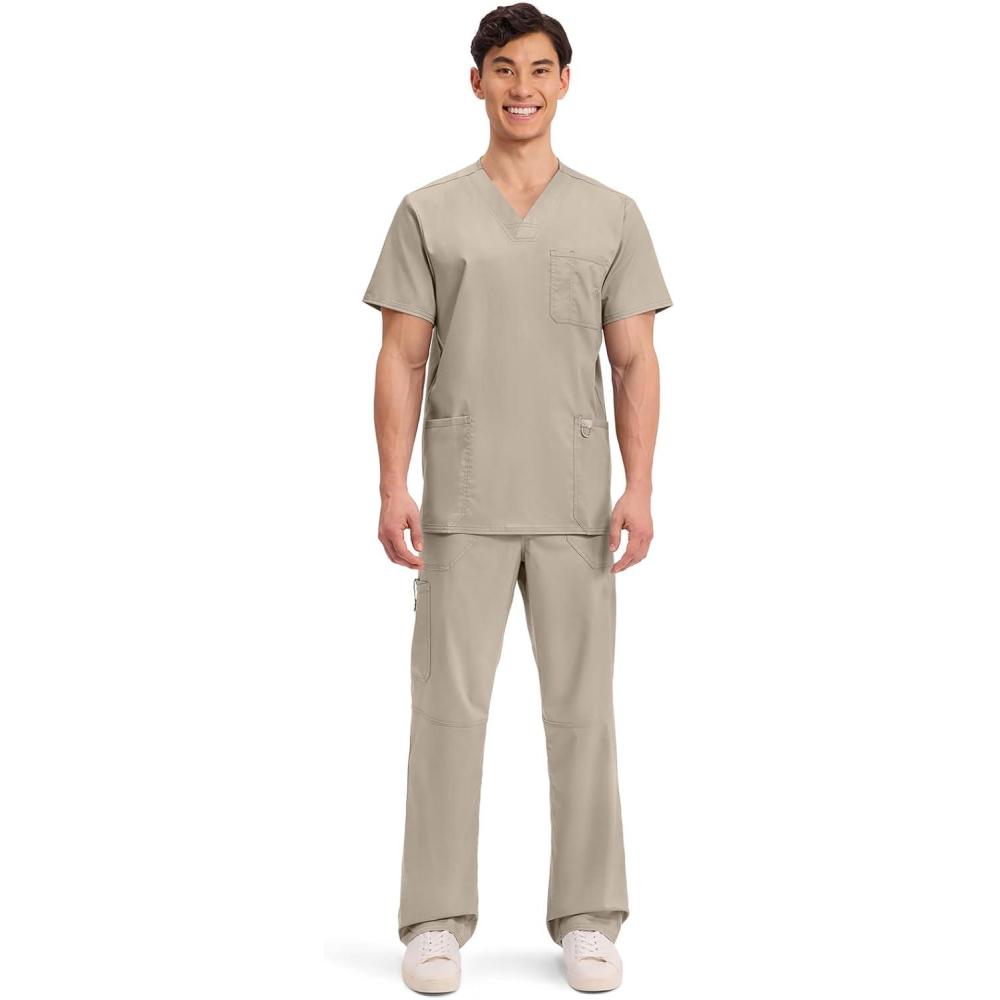 imageCherokee Scrub Set For Men VNeck 3 Pocket Top WW670 with Modern Fit 7 Pocket Tapered Leg Pant WW140Khaki