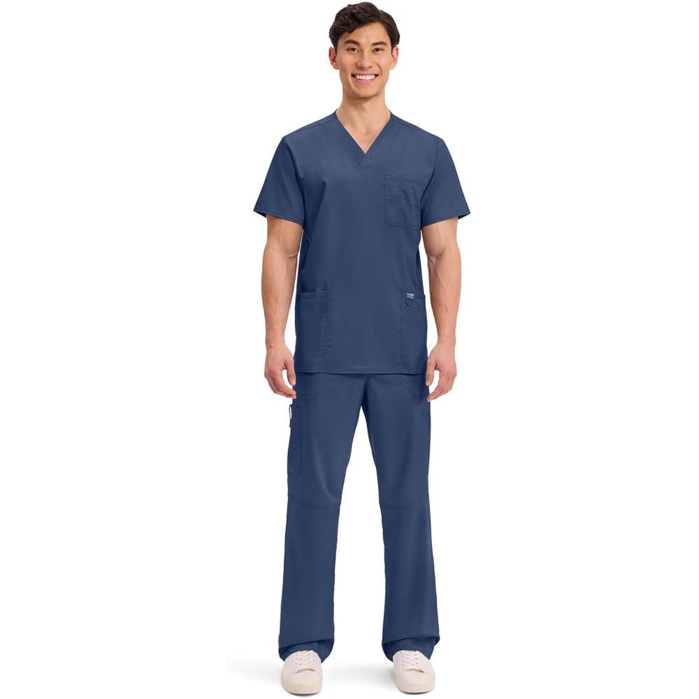 imageCherokee Scrub Set For Men VNeck 3 Pocket Top WW670 with Modern Fit 7 Pocket Tapered Leg Pant WW140Navy