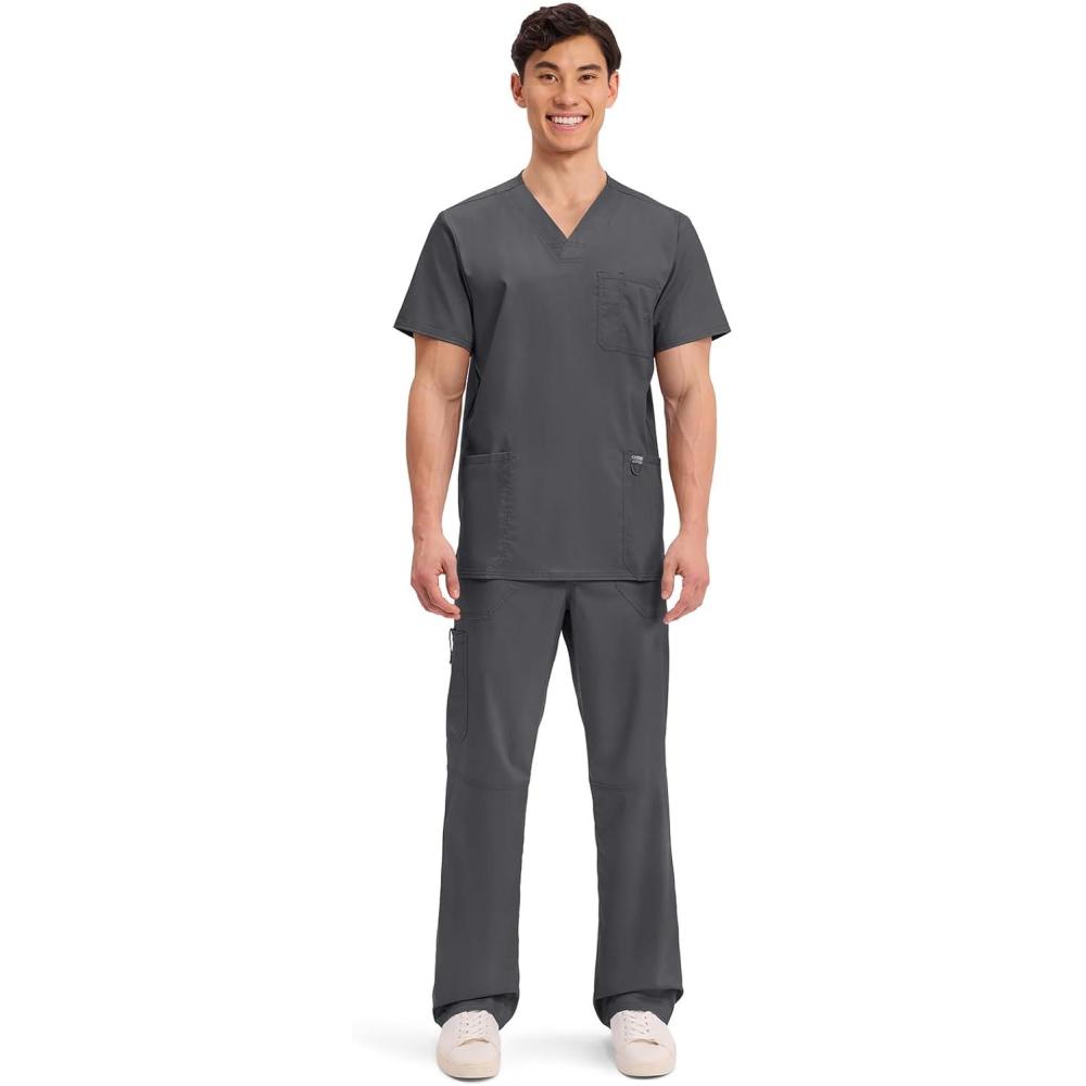 imageCherokee Scrub Set For Men VNeck 3 Pocket Top WW670 with Modern Fit 7 Pocket Tapered Leg Pant WW140Pewter