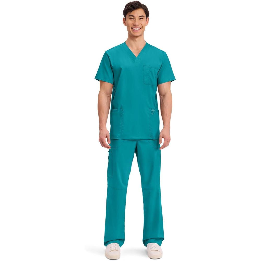 imageCherokee Scrub Set For Men VNeck 3 Pocket Top WW670 with Modern Fit 7 Pocket Tapered Leg Pant WW140Teal Blue