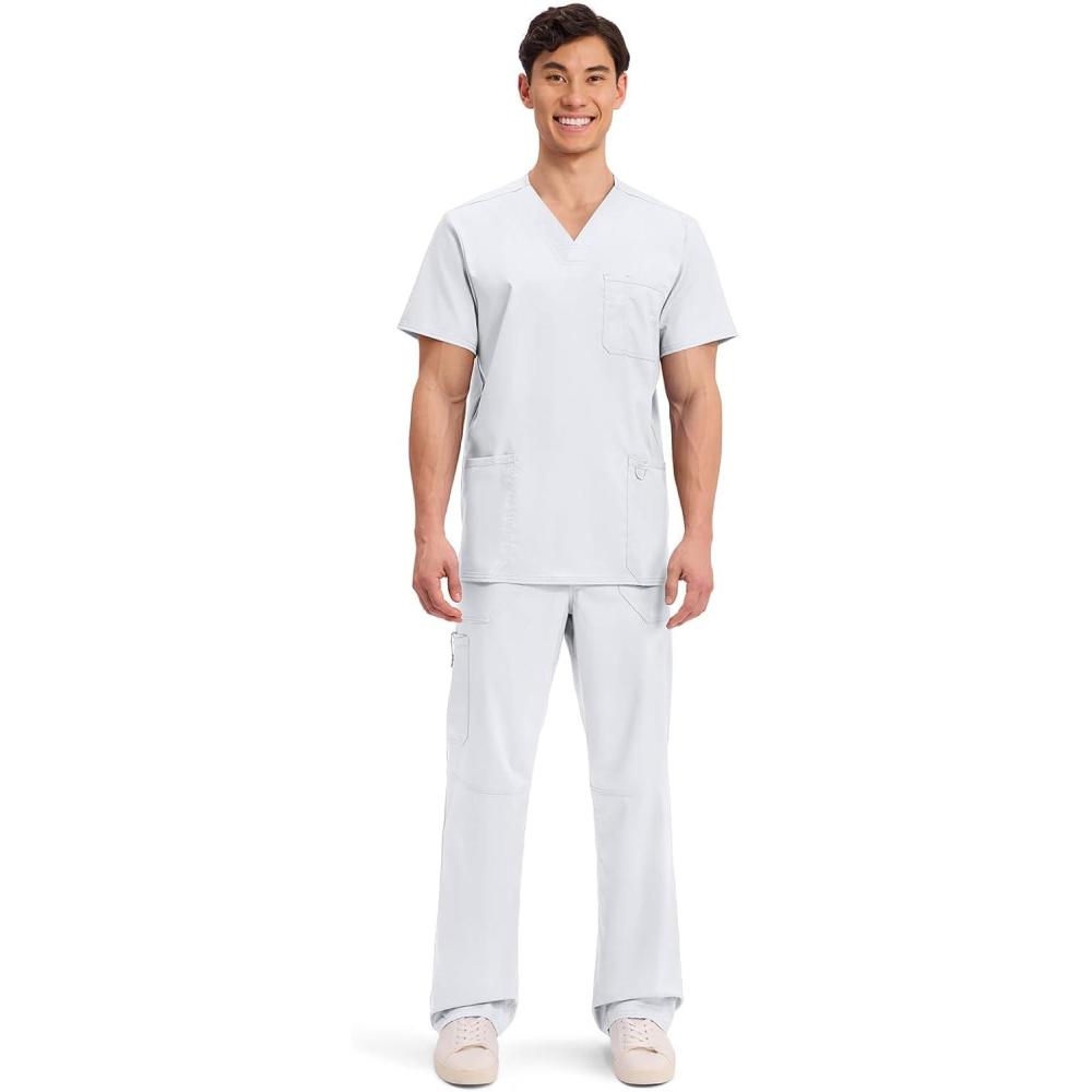 imageCherokee Scrub Set For Men VNeck 3 Pocket Top WW670 with Modern Fit 7 Pocket Tapered Leg Pant WW140White