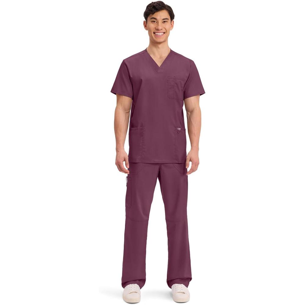 imageCherokee Scrub Set For Men VNeck 3 Pocket Top WW670 with Modern Fit 7 Pocket Tapered Leg Pant WW140Wine
