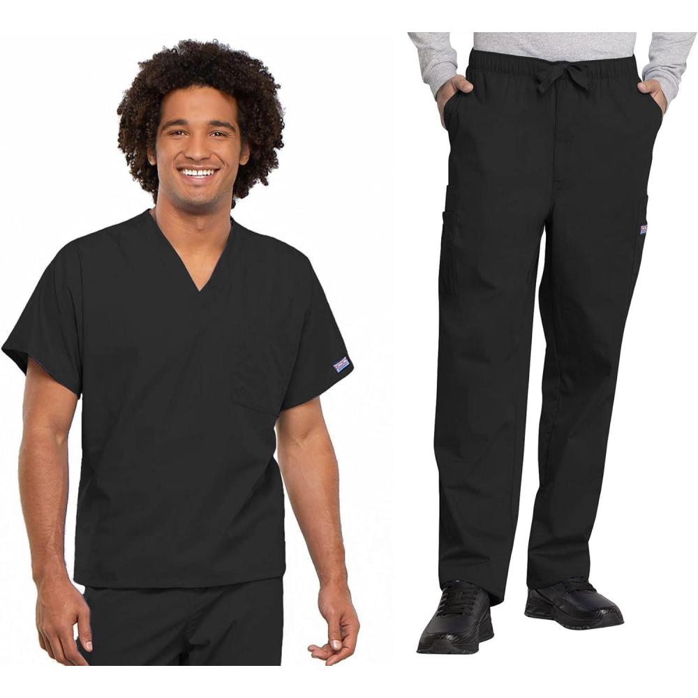 imageCherokee Scrub Set for Men and Women Traditional Fit VNeck Scrub Top 4777 with Natural Rise Elastic Waist Pant 4000Black