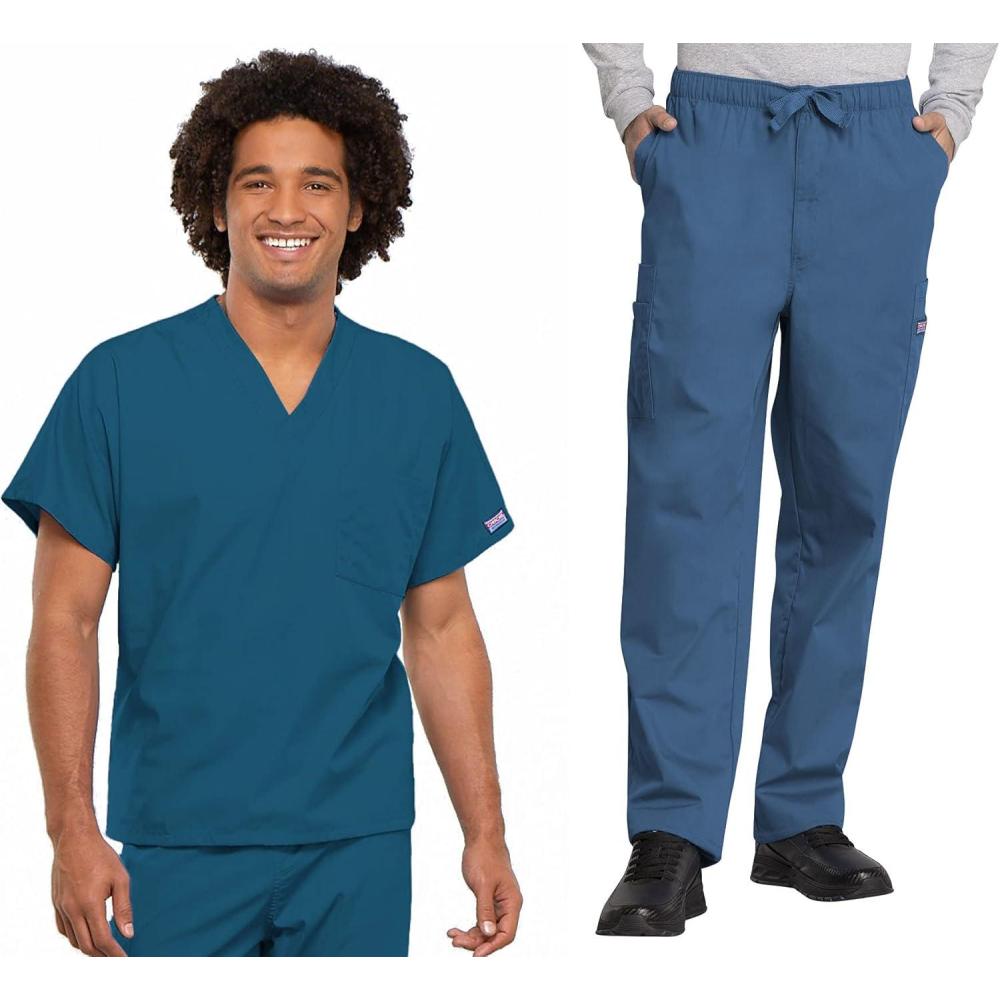 imageCherokee Scrub Set for Men and Women Traditional Fit VNeck Scrub Top 4777 with Natural Rise Elastic Waist Pant 4000Caribbean Blue