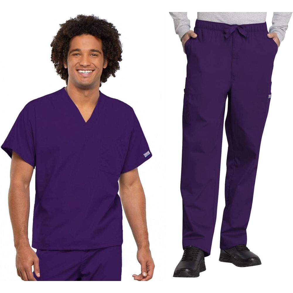 imageCherokee Scrub Set for Men and Women Traditional Fit VNeck Scrub Top 4777 with Natural Rise Elastic Waist Pant 4000Eggplant