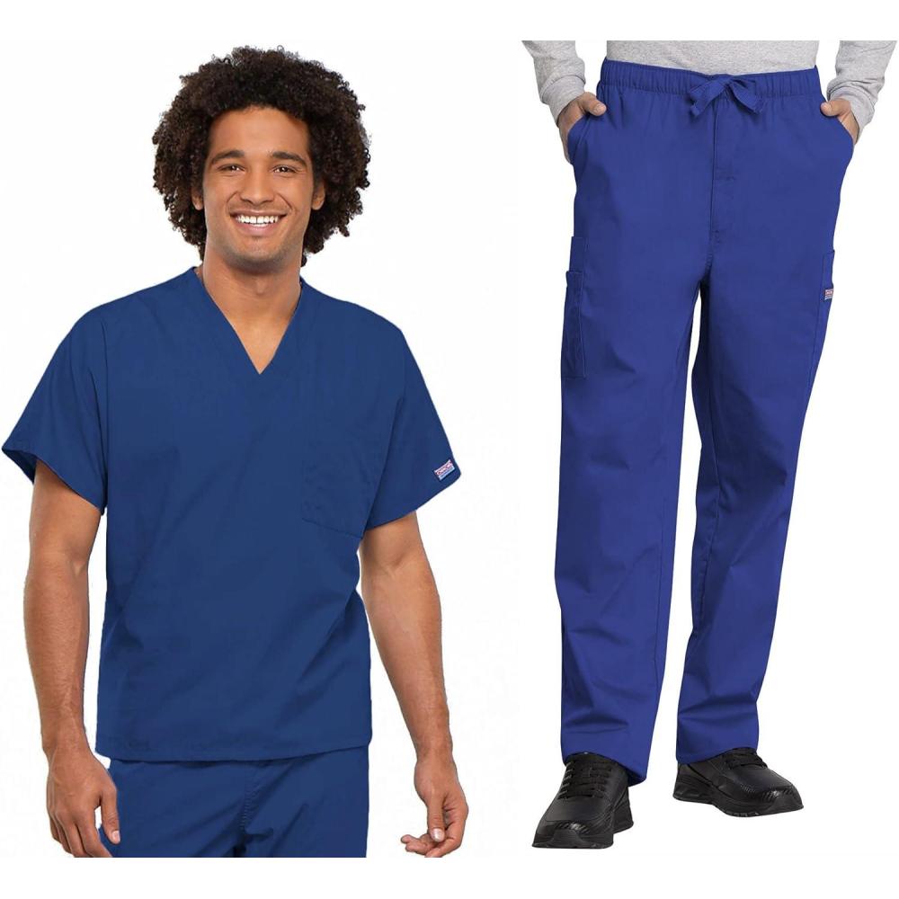 imageCherokee Scrub Set for Men and Women Traditional Fit VNeck Scrub Top 4777 with Natural Rise Elastic Waist Pant 4000Galaxy Blue
