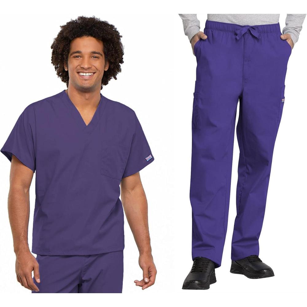 imageCherokee Scrub Set for Men and Women Traditional Fit VNeck Scrub Top 4777 with Natural Rise Elastic Waist Pant 4000Grape