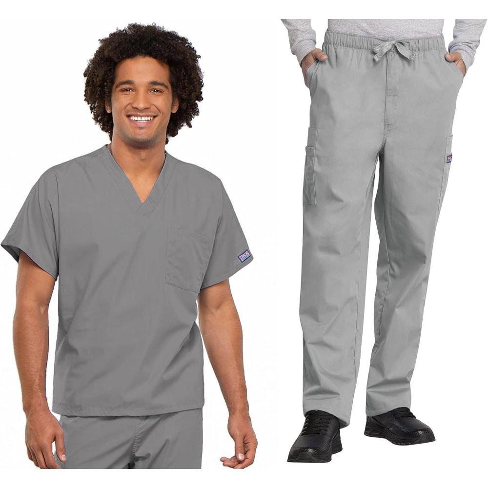 imageCherokee Scrub Set for Men and Women Traditional Fit VNeck Scrub Top 4777 with Natural Rise Elastic Waist Pant 4000Grey