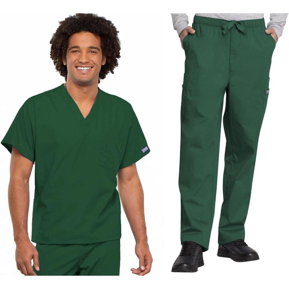 imageCherokee Scrub Set for Men and Women Traditional Fit VNeck Scrub Top 4777 with Natural Rise Elastic Waist Pant 4000Hunter Green