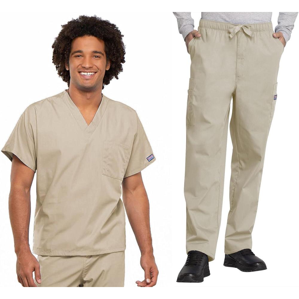 imageCherokee Scrub Set for Men and Women Traditional Fit VNeck Scrub Top 4777 with Natural Rise Elastic Waist Pant 4000Khaki