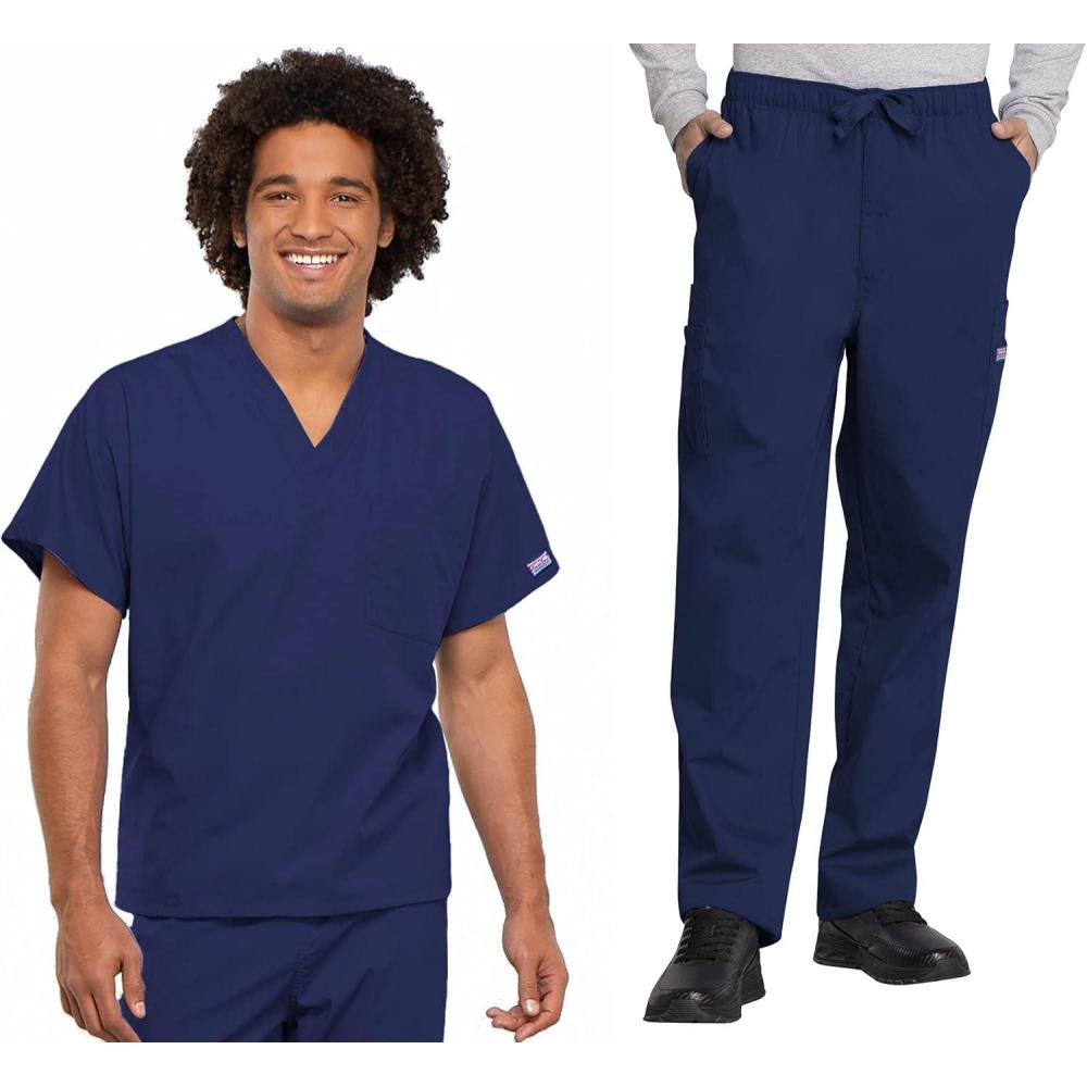 imageCherokee Scrub Set for Men and Women Traditional Fit VNeck Scrub Top 4777 with Natural Rise Elastic Waist Pant 4000Navy