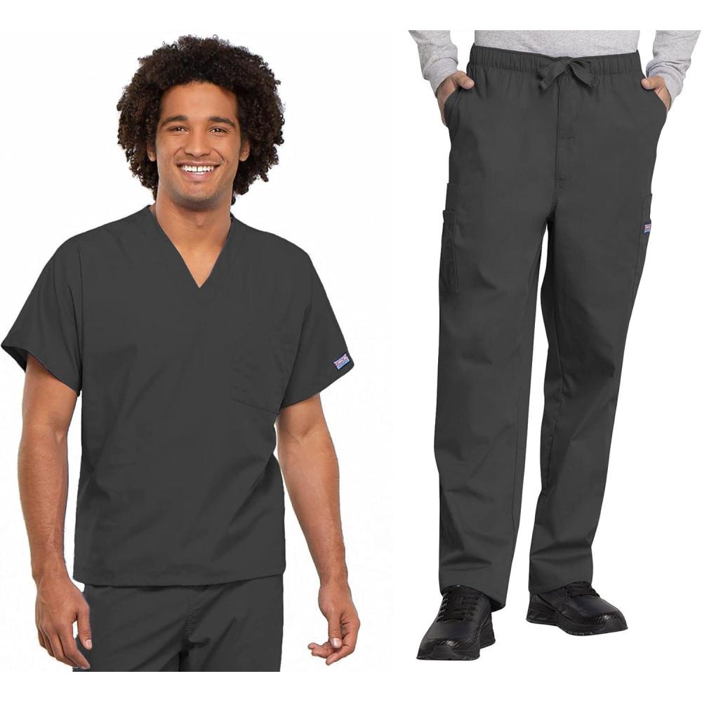 imageCherokee Scrub Set for Men and Women Traditional Fit VNeck Scrub Top 4777 with Natural Rise Elastic Waist Pant 4000Pewter