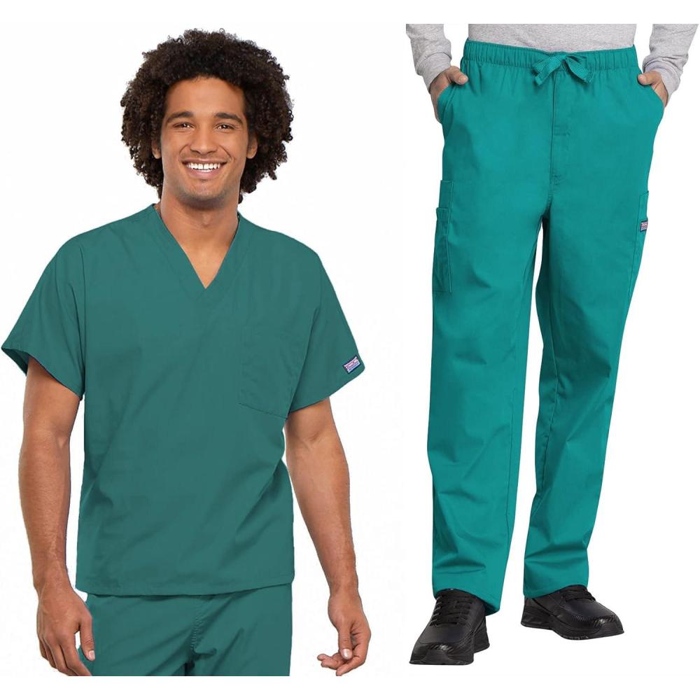 imageCherokee Scrub Set for Men and Women Traditional Fit VNeck Scrub Top 4777 with Natural Rise Elastic Waist Pant 4000Teal Blue
