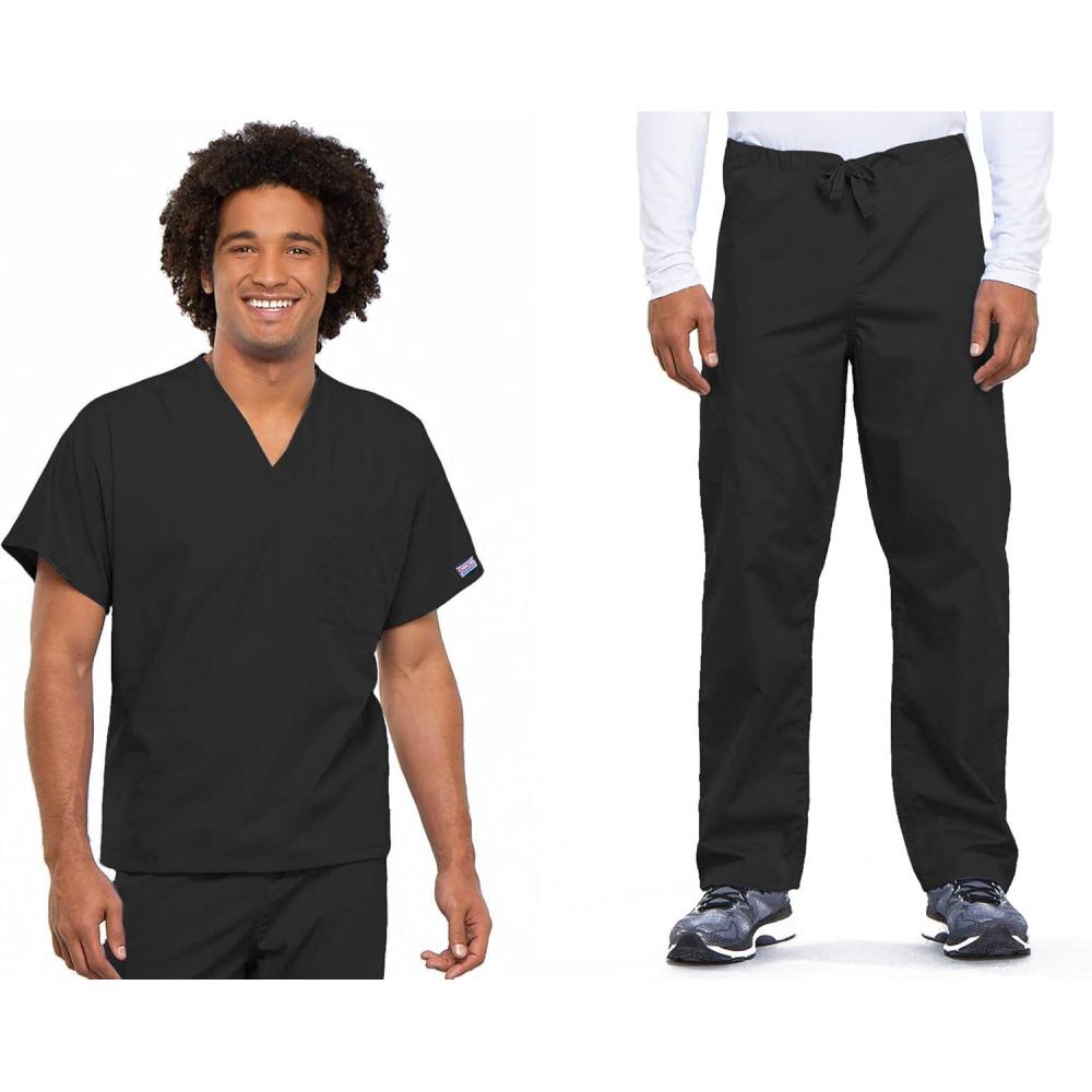 imageCherokee Scrub Set for Men and Women from Traditional Fit VNeck Top 4777 with Natural Rise Drawstring Cargo Pant 4100Black