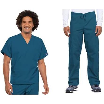 imageCherokee Scrub Set for Men and Women from Traditional Fit VNeck Top 4777 with Natural Rise Drawstring Cargo Pant 4100Caribbean Blue