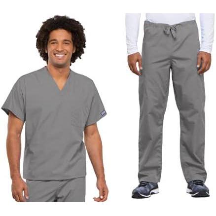 imageCherokee Scrub Set for Men and Women from Traditional Fit VNeck Top 4777 with Natural Rise Drawstring Cargo Pant 4100Grey