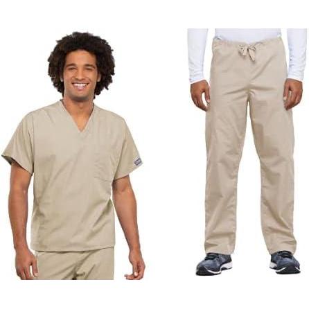 imageCherokee Scrub Set for Men and Women from Traditional Fit VNeck Top 4777 with Natural Rise Drawstring Cargo Pant 4100Khaki