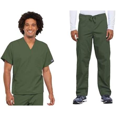 imageCherokee Scrub Set for Men and Women from Traditional Fit VNeck Top 4777 with Natural Rise Drawstring Cargo Pant 4100Olive