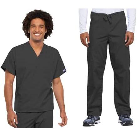 imageCherokee Scrub Set for Men and Women from Traditional Fit VNeck Top 4777 with Natural Rise Drawstring Cargo Pant 4100Pewter