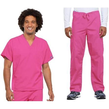 imageCherokee Scrub Set for Men and Women from Traditional Fit VNeck Top 4777 with Natural Rise Drawstring Cargo Pant 4100Shocking Pink