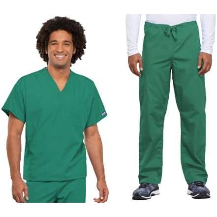 imageCherokee Scrub Set for Men and Women from Traditional Fit VNeck Top 4777 with Natural Rise Drawstring Cargo Pant 4100Surgical Green