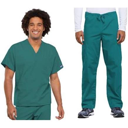 imageCherokee Scrub Set for Men and Women from Traditional Fit VNeck Top 4777 with Natural Rise Drawstring Cargo Pant 4100Teal Blue