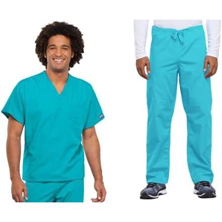 imageCherokee Scrub Set for Men and Women from Traditional Fit VNeck Top 4777 with Natural Rise Drawstring Cargo Pant 4100Turquoise