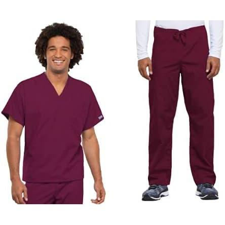 imageCherokee Scrub Set for Men and Women from Traditional Fit VNeck Top 4777 with Natural Rise Drawstring Cargo Pant 4100Wine