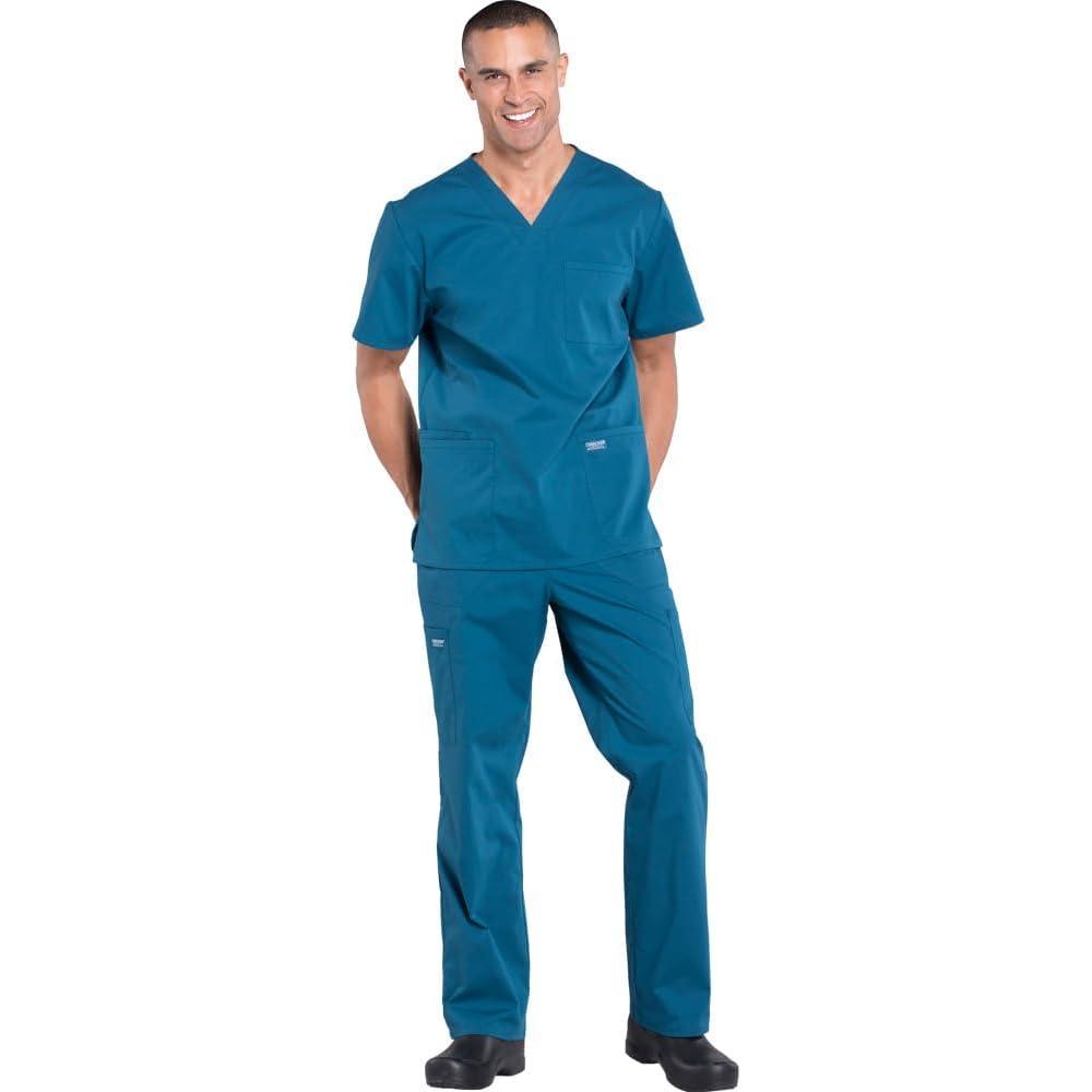 imageCherokee Scrub Set for Men from 4 Pocket VNeck Scrub Top WW695 with 5 Pocket Tapered Leg Fly Front Cargo Pant WW190Caribbean Blue