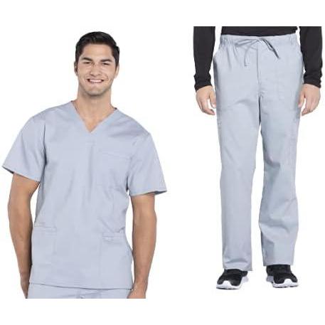 imageCherokee Scrub Set for Men from 4 Pocket VNeck Scrub Top WW695 with 5 Pocket Tapered Leg Fly Front Cargo Pant WW190Grey
