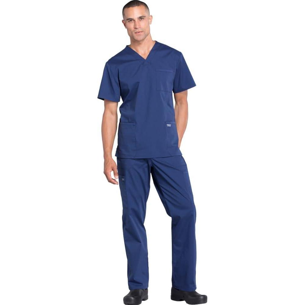 imageCherokee Scrub Set for Men from 4 Pocket VNeck Scrub Top WW695 with 5 Pocket Tapered Leg Fly Front Cargo Pant WW190Navy