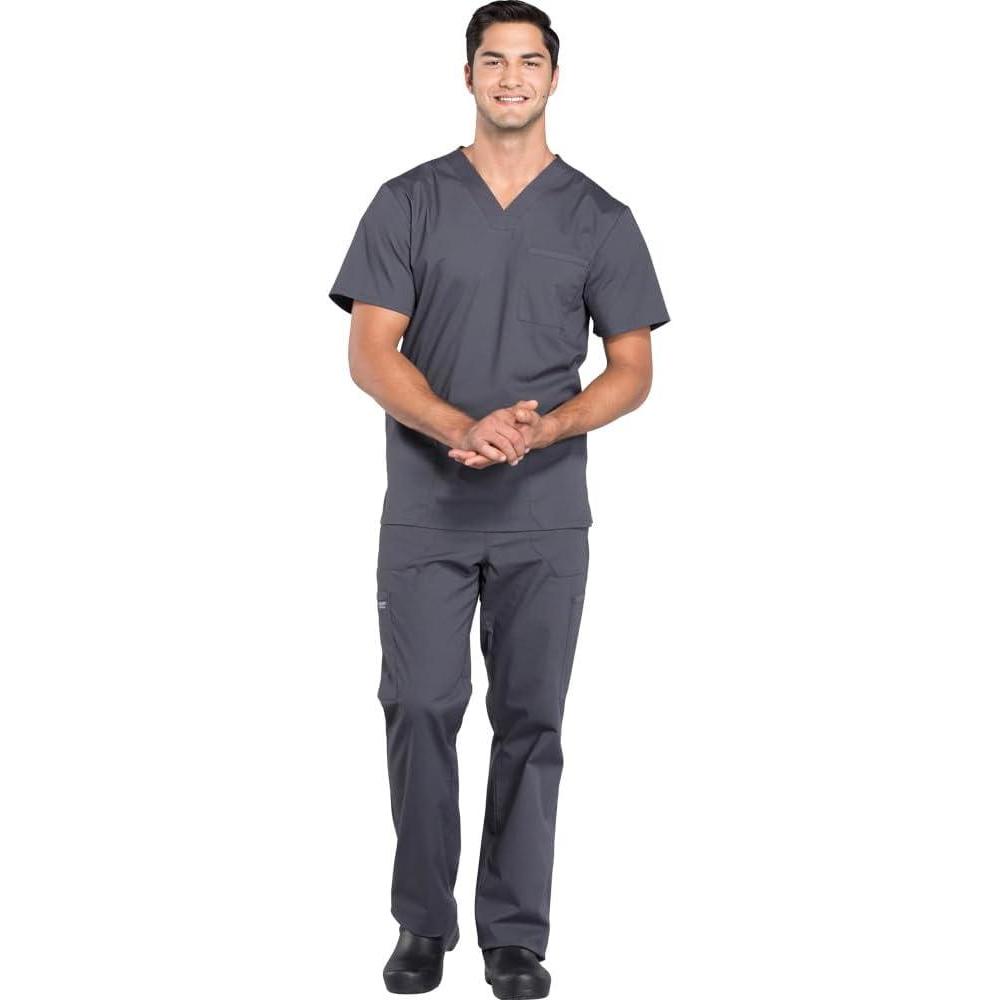 imageCherokee Scrub Set for Men from 4 Pocket VNeck Scrub Top WW695 with 5 Pocket Tapered Leg Fly Front Cargo Pant WW190Pewter