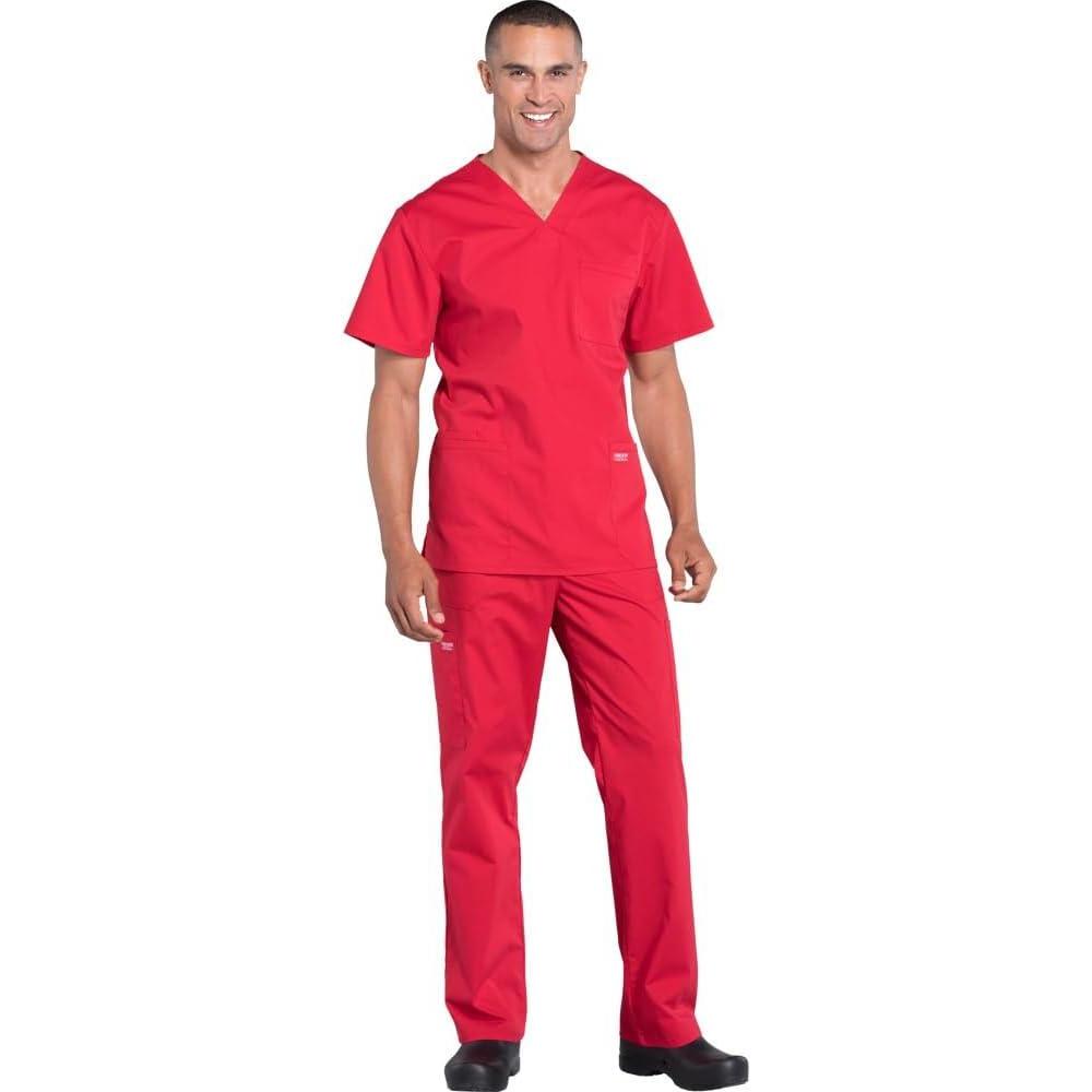 imageCherokee Scrub Set for Men from 4 Pocket VNeck Scrub Top WW695 with 5 Pocket Tapered Leg Fly Front Cargo Pant WW190Red