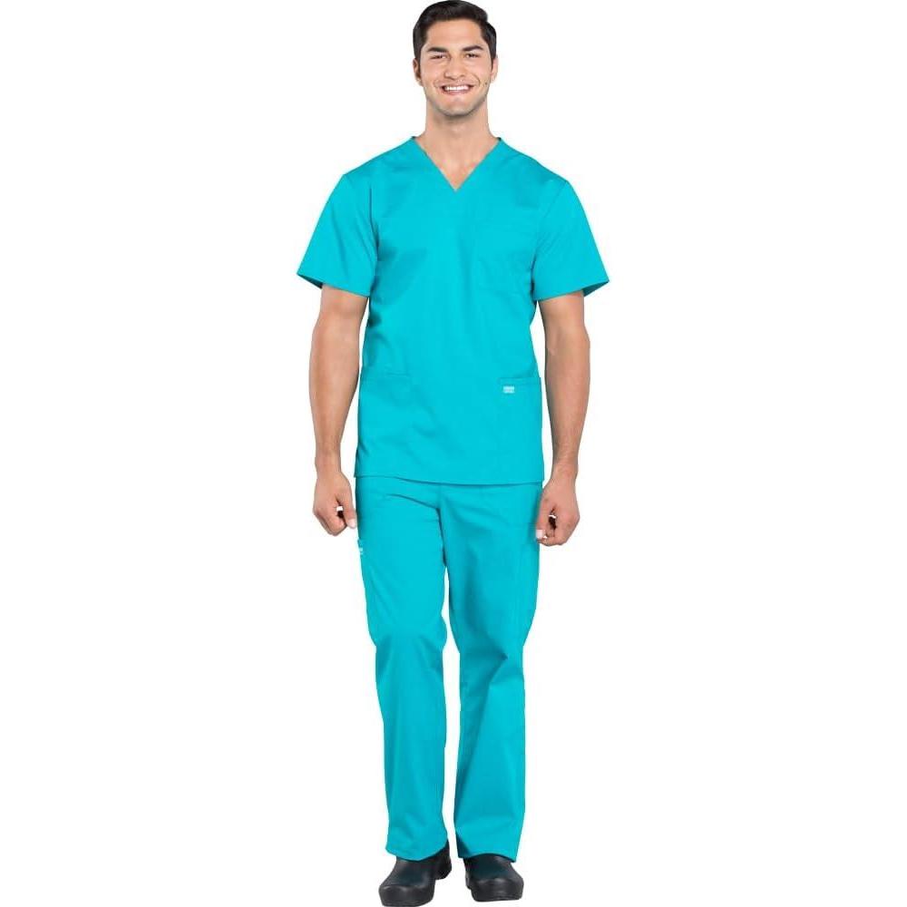 imageCherokee Scrub Set for Men from 4 Pocket VNeck Scrub Top WW695 with 5 Pocket Tapered Leg Fly Front Cargo Pant WW190Teal Blue