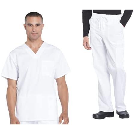 imageCherokee Scrub Set for Men from 4 Pocket VNeck Scrub Top WW695 with 5 Pocket Tapered Leg Fly Front Cargo Pant WW190White