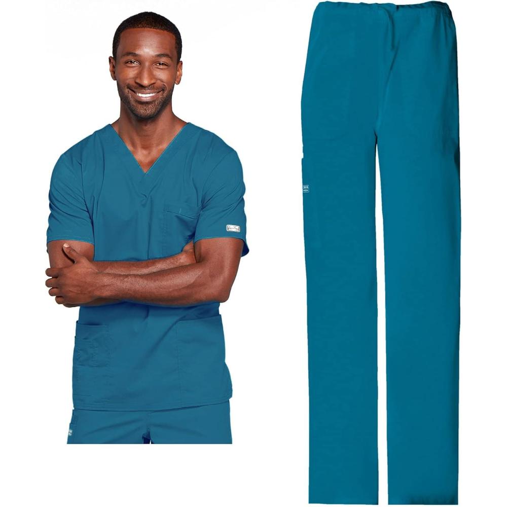 imageCherokee Scrub Set for Men or Women Traditional Fit 4 Pocket VNeck Top 4725 with 5 Pocket Natural Rise Cargo Pant 4043Caribbean Blue