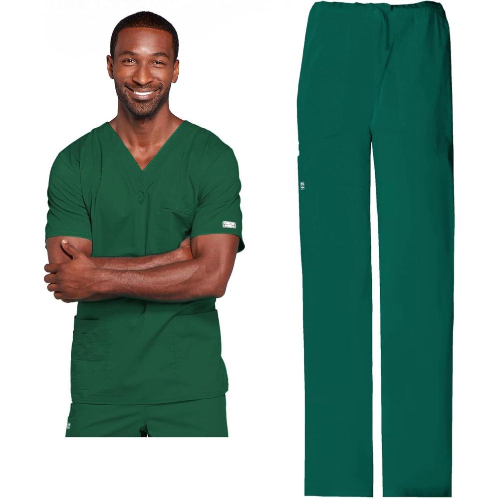imageCherokee Scrub Set for Men or Women Traditional Fit 4 Pocket VNeck Top 4725 with 5 Pocket Natural Rise Cargo Pant 4043Hunter Green
