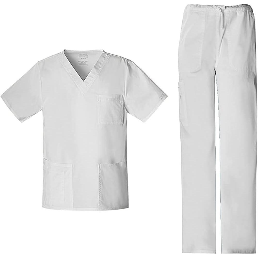imageCherokee Scrub Set for Men or Women Traditional Fit 4 Pocket VNeck Top 4725 with 5 Pocket Natural Rise Cargo Pant 4043White