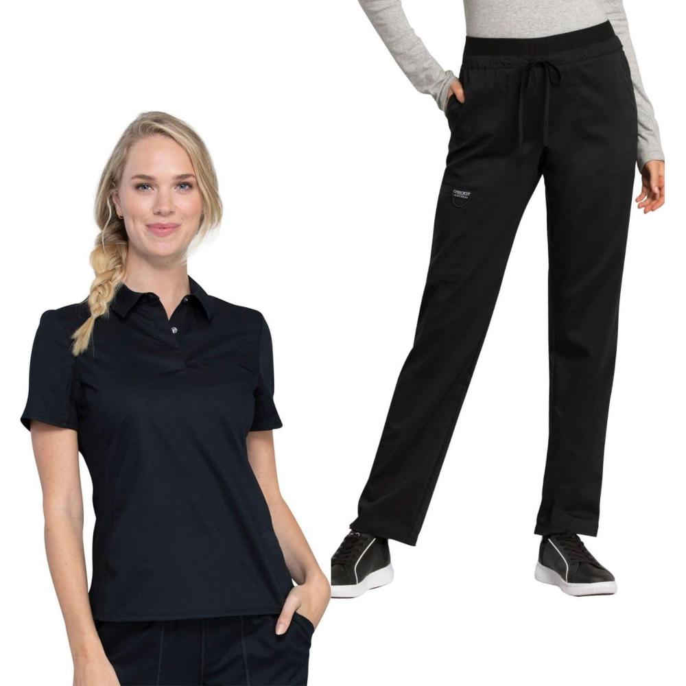 imageCherokee Scrub Set for Women Tuckable Snap Front Polo Shirt WW698 with Mid Rise Tapered Leg Drawstring Scrub Pant WW105Black